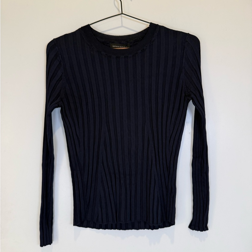 Banana Republic Navy Ribbed Knit Long Sleeve Top Sz Medium Petite